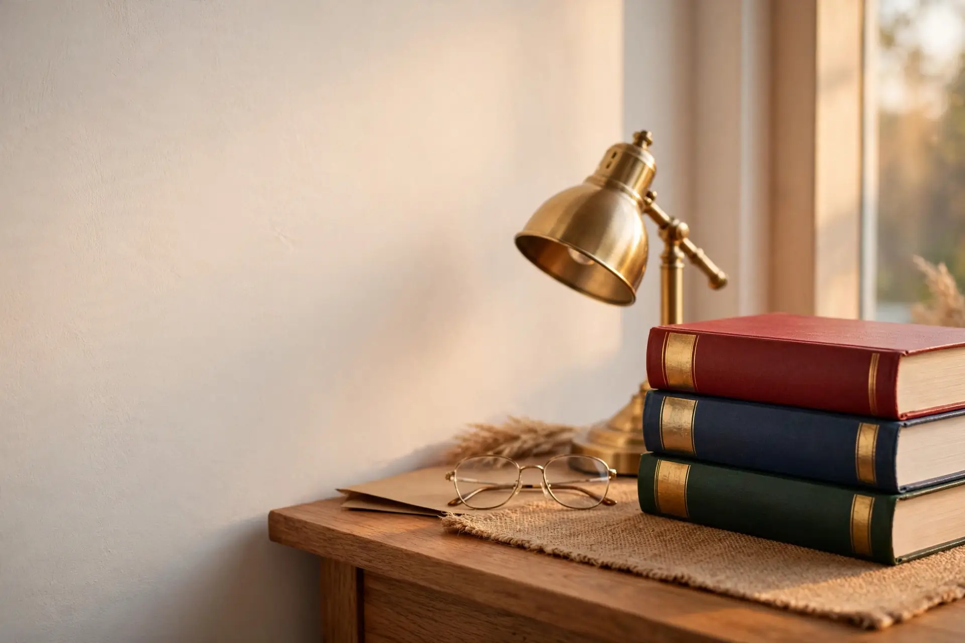 Hardcover law books stacked on a wooden desk beside a brass lamp