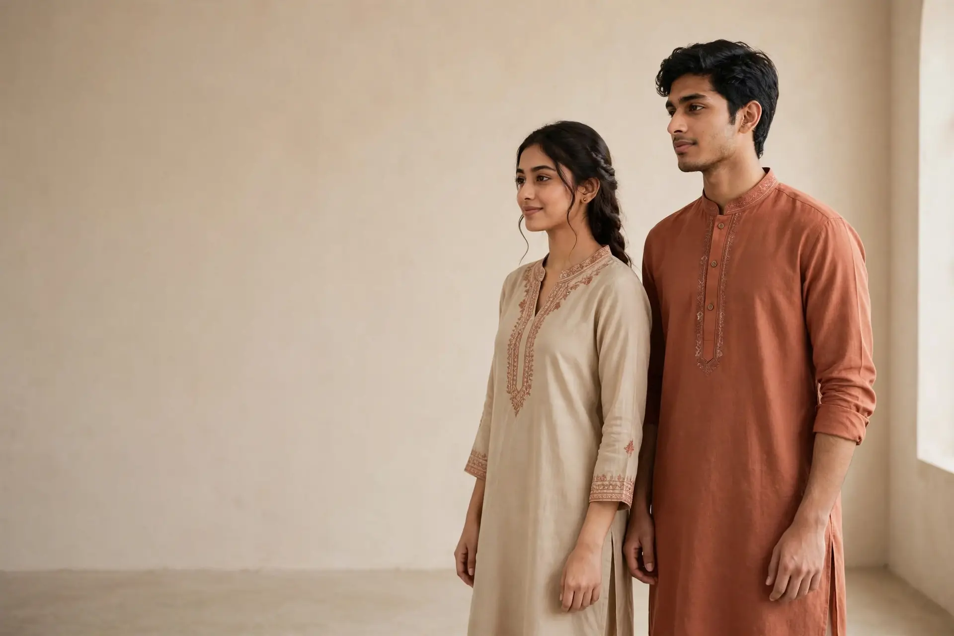 A man in a terracotta panjabi and a woman in a beige kurti