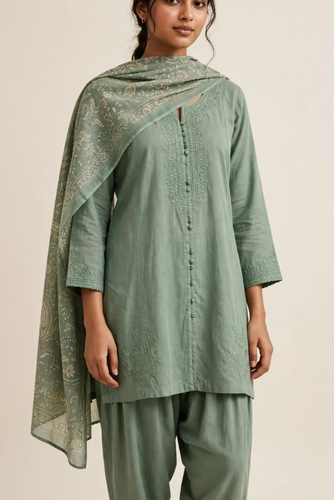 Sage three-piece with dupatta
